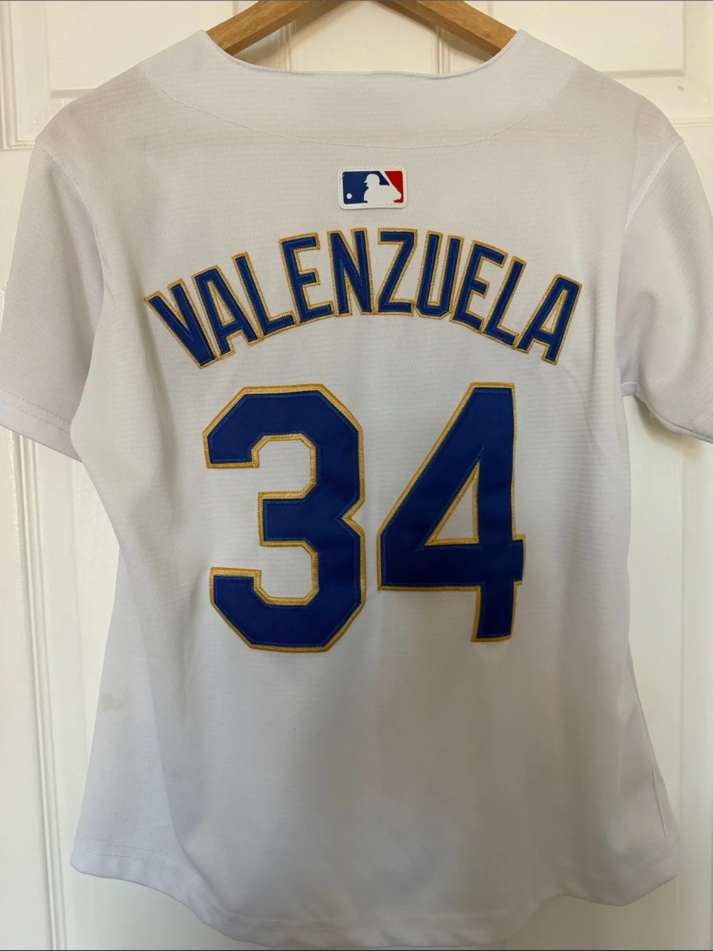 Nike White Dodgers Fernando 34 Patch Jersey with Red Number